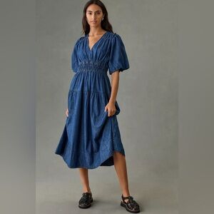Pilcro Smocked Puff-Sleeve Denim Dress - Medium